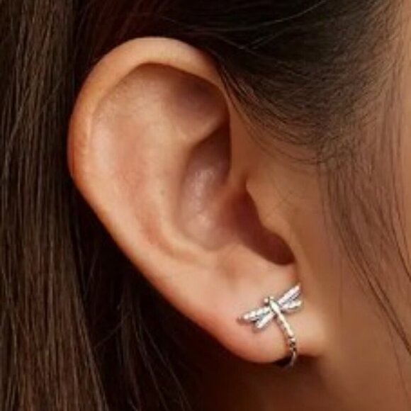 S925 Silver Hypoallergenic Earrings Dragonfly Pattern Shiny Zirconia Inlaid Hoop - Picture 4 of 11